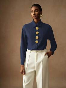 Vesra 女士优雅纯色花卉纽扣衬衫 - 藏蓝色 - 查看 7