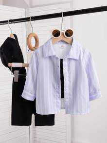 SHEIN Conjunto de 3 piezas para niña bebé de verano: Camisa/chaqueta de manga larga a rayas negras y blancas con protección solar y cuello, camiseta sin mangas negra suave y pantalones cortos ajustados, adecuado para la escuela, uso diario y deportes