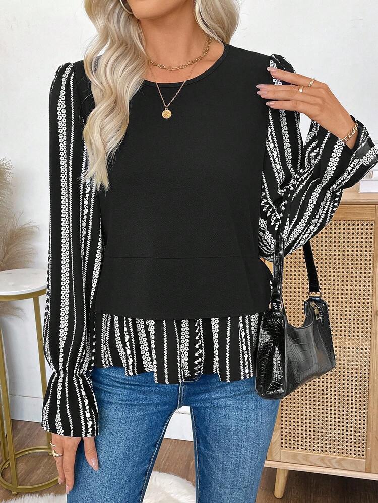 Women's Simple Striped Puff Sleeve Flared Cuff Waist Shirt Black And White Top Lantern Sleeve Top Black And White Blouse Women Long Sleeve Tops Black And White Long Sleeve Top Fall For Women Casual Blouses For Ladies Going Out Fall For Women Casual Blouses For Ladies Black Tops