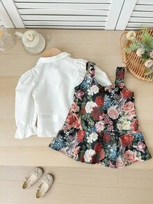 SHEIN 2-Pack Baby Girl Elegant Khaki Long-Sleeved Shirt Floral Pattern Dress Set,Cute Autumn Party Outfit,Black And White,Ideal For Wedding,Birthday,School - Multicolor - View 2