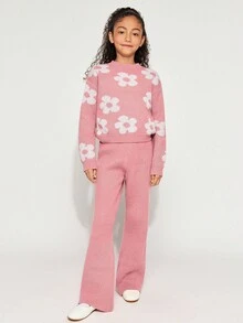 Radiana Tween Girl 休闲花卉提花超大套头衫和阔腿裤 2 件套，适合室内和室外，粉色，秋冬 - 藕粉色 - 查看 1
