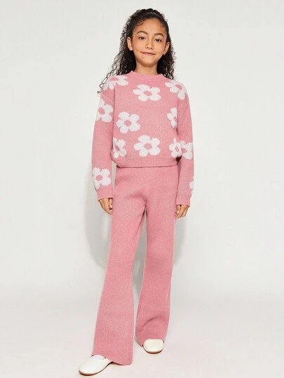 Radiana Tween Girl 休闲花卉提花超大套头衫和阔腿裤 2 件套，适合室内和室外，粉色，秋冬