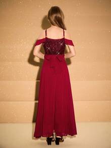 优雅奢华的勃艮第雪纺亮片细肩带长裙，适合少女穿着，适合晚会、宴会、婚礼、花童、毕业典礼、圣诞节、万圣节等场合 - 酒紅色 - 查看 2