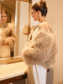 Poéselle 女士休闲圆领斜口袋仿皮草夹克，秋冬 - 摩卡棕 - 查看 2