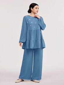 Veilorie 2pcs/Set Women's Casual Crew Neck Long Sleeve Ruched Top And Pants Set - Blue - View 3
