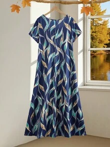 EMERY ROSE 大码女式蓝色花卉印花短袖方领连衣裙