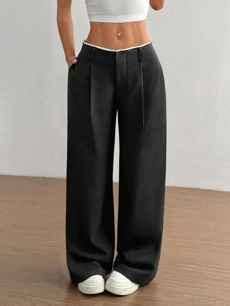 SHEIN Unity 女士百搭腰部拼接高端设计侧袋修身直筒黑色长裤，适合日常、上学、办公和商务场合穿着。 - 黑色 - 查看 1