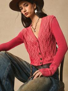 Easelle Cardigan Retro Wool Knitted Style Retro Red Twist Wool Knitted Autumn And Winter Nomadic Retro Fall Clothes Women Red Sweater Cardigan Washed Wool Vintage - Redwood - View 7