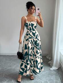 Women's Summer New Casual Spaghetti Strap Waist Flared Geometric Print Dress - Multicolor - View 1