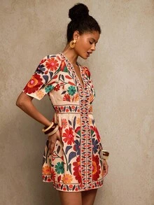 Travachic V-Neck Printed Woven Mini Dress For Women, Vacation,National Day,  New Year Clothes,  Going Out Outfit, Luxury Elegant Graduation, African Print Dress, Mexican Style Dress Women, Boho Dress For Women,Fall Winter Clothes, Christmas Party, New Year, Wedding Guest Outfits, Elegant Graduation, Luxury Prom Dress, Casual Outfits - Multicolor - View 6