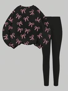 SHEIN Leap Crew 2pcs/Set Tween Girls' Casual Leopard Print Bow Graphic Crew Neck Long Sleeve Sweatshirt And Leggings Outfit, Suitable For Autumn/Winter Fall - Multicolor - View 3