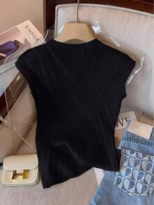 GlowEve 女式时尚优雅纯色纽扣装饰针织上衣 - 黑色 - 查看 2