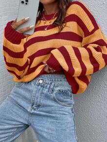Chiquease Women's Casual Loose Fit Red Striped Round Neck Drop Shoulder Long Sleeve Sweater,Autumn Back-To-School School Fall Winter Striped Sweater - Multicolor - View 5