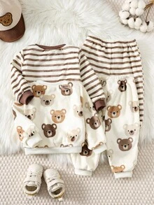 SHEIN 4pcs/Set Cute Fluffy Bear Cartoon Print Long Sleeve Thermal Unisex Baby Clothes Set Fall Winter - Multicolor - View 2