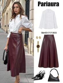 Pariaura Women's Burgundy Pu Leather Zipper And A-Line Halloween Costume Party Elegant Skirt For Party Wedding Guest Skirt For Women Going Out Winter Clothes For Women Elegant Party Autumn Clothes Winter Christmas Skirt Fall Clothes For Women Chic Classy Outfits For Women Casual Women Outfits Brown Skirt Christmas Clothes Christmas Outfit For Women Halloween Clothes Women Skirt
