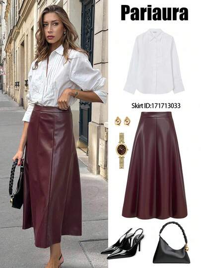 Pariaura Women's Burgundy Pu Leather Zipper And A-Line Halloween Costume Party Elegant Skirt For Party Wedding Guest Skirt For Women Going Out Winter Clothes For Women Elegant Party Autumn Clothes Winter Christmas Skirt Fall Clothes For Women Chic Classy Outfits For Women Casual Women Outfits Brown Skirt Christmas Clothes Christmas Outfit For Women Halloween Clothes Women Skirt