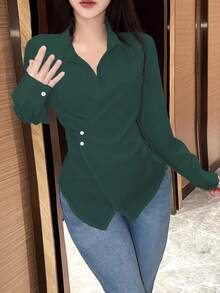 SHEIN LUNE 女士纯色不对称下摆交叉裹身优雅长袖女式衬衫 - 綠色 - 查看 6