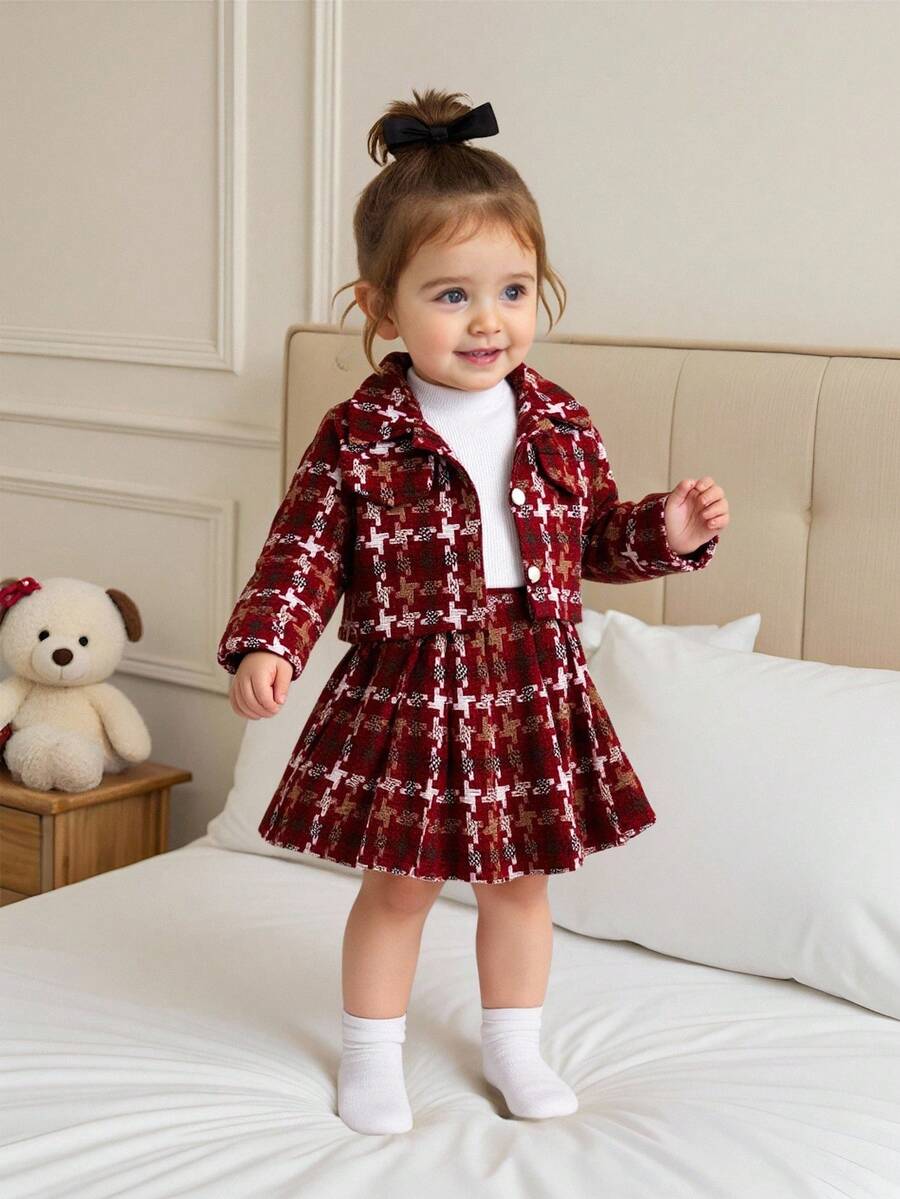 Souflis Souflis 3 件套女婴秋春优雅风格套装、长袖外套和纯色长袖上衣和镀金裙子幼儿圣诞装女婴格子装秋冬 - 紅木色 - 查看 1
