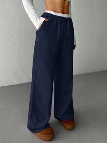SHEIN EZwear 女款海军蓝拼接腰带休闲阔腿裤 - 藏蓝色 - 查看 3