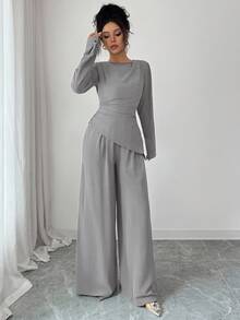 SHEIN Raffinéa 2 件套女士圆领纯色褶皱不对称下摆长袖上衣端庄两件套 2 件套休闲套装女士灰色 2 件套 2 件套女士优雅舒适两件套 - 灰色 - 查看 5