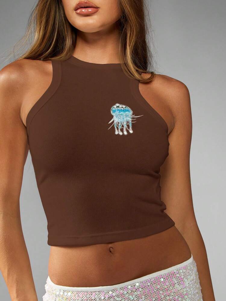 MISSGUIDED Ribbed Halter Neck Tank Top With Jellyfish Applique Design Sleeveless Summer Evening Party Cropped Tank Top