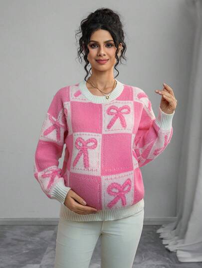 Momance Maternity Bow Decor Round Neck Casual Long Sleeve Pullover Sweater