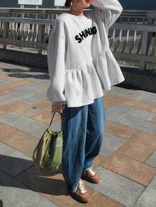 FRIFUL Women's Contrast Color Letter Print Crew Neck Long Sleeve Sweatshirt Autumn/ Back-To-School School White Casual Graphic - Grey - View 2