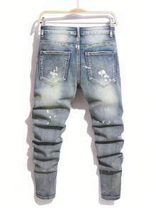Manfinity Roughcore Men's Letter Print Pocket Distressed Casual Jeans Graphic Jeans Men Men Patched Jeans Men Distressed Jeans Drip Jeans