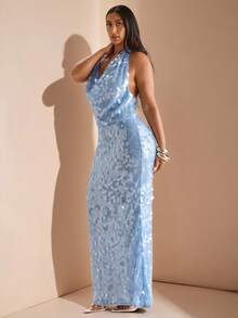 SHEIN BAE 大码春夏蓝色挂脖不对称摆领金属扣装饰露背鱼尾摆海边度假派对亮片长裙，度假连衣裙，蓝色亮片闪光连衣裙 - 藍色 - 查看 5
