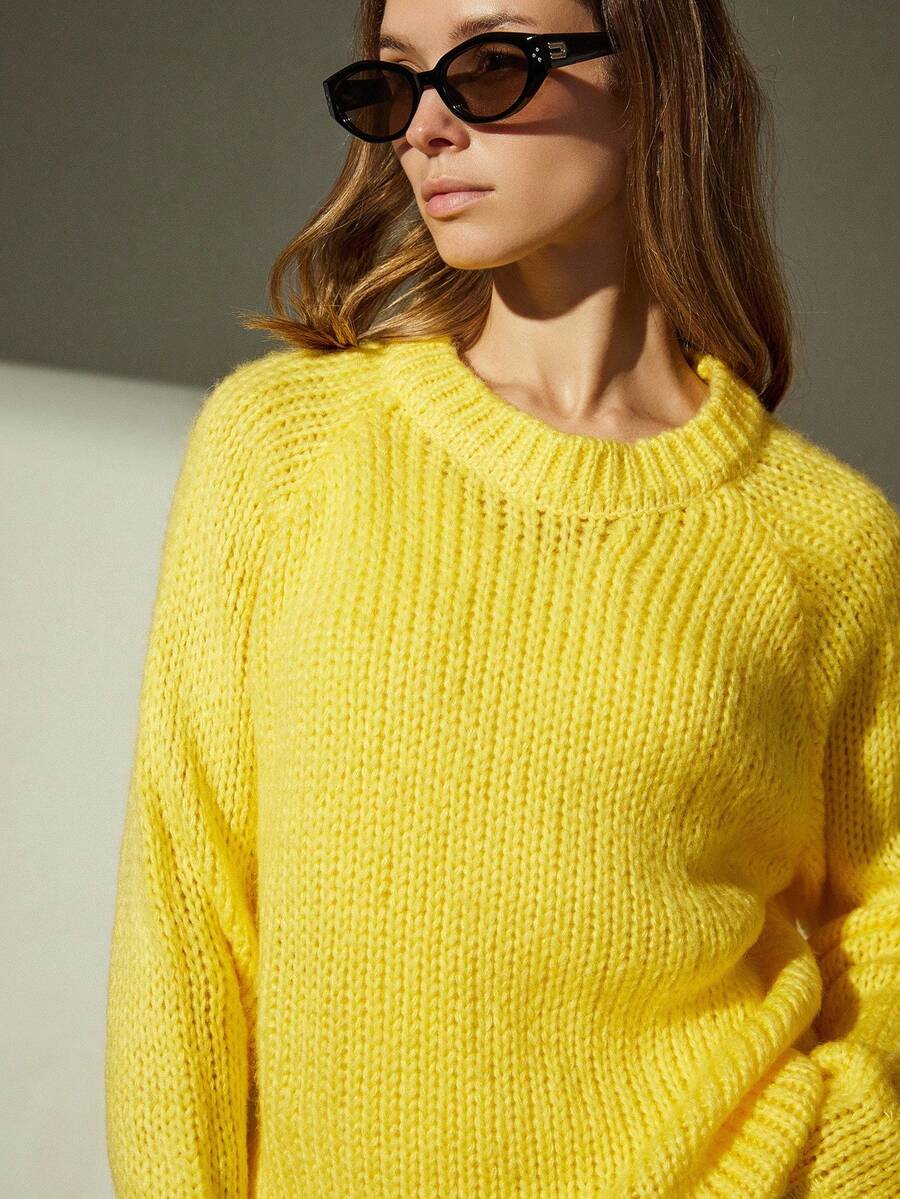 Aveloria Modichic Áo len dệt kim Mohair Chunky Oversize mới - Màu vàng - Xem 1