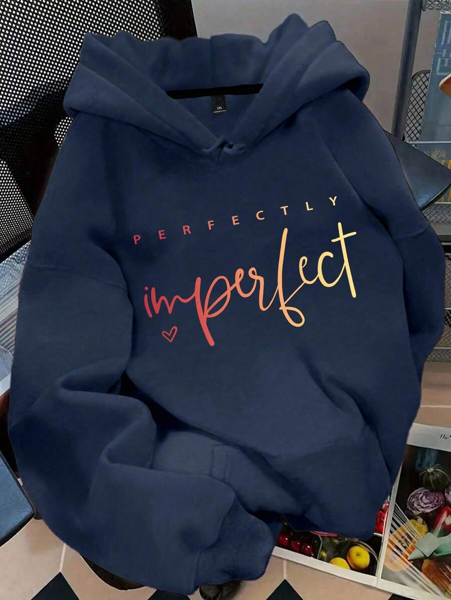 Flirla Plus Size Letter Graphic Pocket Drop Shoulder Sweatshirt - Navy Blue - View 1