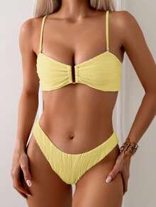 SHEIN Swim 女士纯色褶饰性感比基尼泳装套装，夏日海滩 - 黃色 - 查看 1