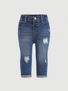 SHEIN Baby Girl Cute Blue Denim Ripped Stretch Skinny Pants,Fall Clothes,Autumn Clothes ,Casual And Fashionable Vacation Outfits Winter - Dark Wash - View 2