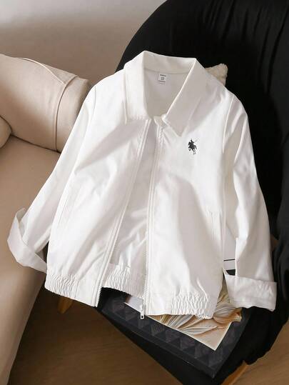 SHEIN Sparklyn 复古风格翻领长袖拉链开衫夹克，适合青少年女孩，休闲高端小众设计，带口袋