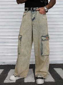 Manfinity EMRG American Streetwear 刺绣宽腿水洗复古宽松工装牛仔裤 - 藍色 - 查看 5