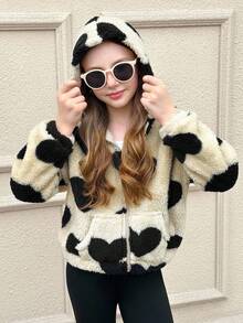 SHEIN Serisse Kids Kurtka z polaru dla dziewczynek w kształcie serca, z kapturem i zamkiem błyskawicznym, idealna na jesień/zimę, idealna na zewnątrz i do szkoły