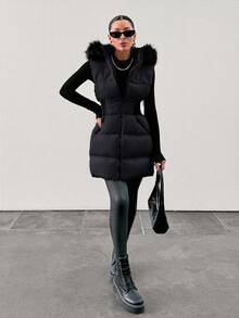 EURMUSE Padded Vest With Furry Hood And Adjustable Waist, Two Side Pockets, Thick And Fashionable Puffer Jacket, Quilting Details - Black - View 4