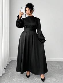 Elenzga Váy buộc eo màu trơn thanh lịch cỡ lớn - màu đen - Xem 5