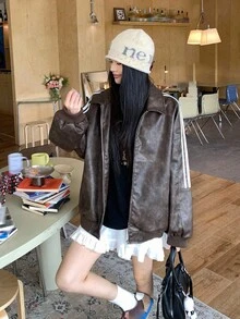 DAZY 女式撞色条纹拼布翻领 PU 皮夹克，休闲街头风格秋冬