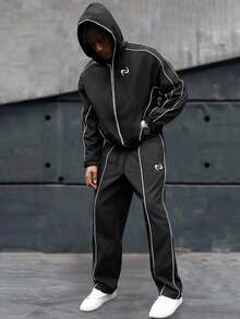 Manfinity Roghcode 男士休闲刺绣拉链连帽衫和裤子套装黑色两件套男士运动服男士慢跑套装慢跑服 Y2k 运动服男士万圣节派对，2000 年代风格，秋季服装 - 黑色 - 查看 6