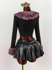 Amplova Y2K Amplova Women's Fashion Black Color Fur Collar Splicing Block Faux Fur Patchwork Short Jacket Black Jacket Women Goth Women Clothes Black Crop Jacket Autumn Winter Clothes For Women