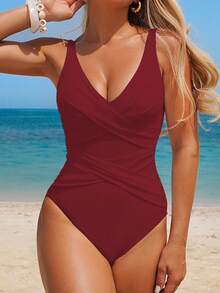 Swim Lushoire 女士休闲褶皱拼接泳衣，优雅露背泳衣，适合运动和海滩 - 紅色 - 查看 4