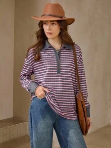 Wildy Áo thun tay dài cổ polo kẻ sọc phong cách miền Tây nước Mỹ, thích hợp cho thời trang đường phố, sân bay, trở lại trường học - Nhiều màu - Xem 8