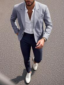 Manfinity Mode Men's Fashion Single-Breasted Lapel NeckSuit & Pants Set - Navy Blue - View 1