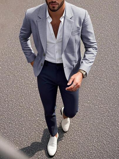 Manfinity Mode بدلة رجالية ذات صدر واحد وياقة قصيرة مع بنطلون