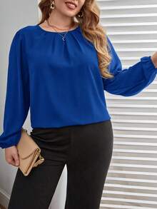 SHEIN Clasi Áo cánh tay đèn lồng màu trơn đơn giản, xếp ly rộng rãi, mặc thường ngày và công sở cỡ lớn dành cho nữ, mùa xuân/thu - Xanh đậm - Xem 4