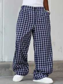 ROMWE MEN Prep Men's Fashionable Casual Plaid Pants, Loose Wide-Leg Trousers, Suitable For Street Wear, Fall