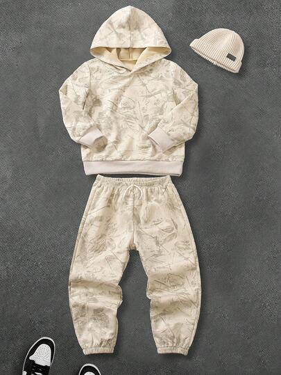 SHEIN Coolqubz 2 件套年轻男孩休闲纯色扎染运动衫 + 裤子，适合日常、上学、旅行、户外玩耍、春秋季