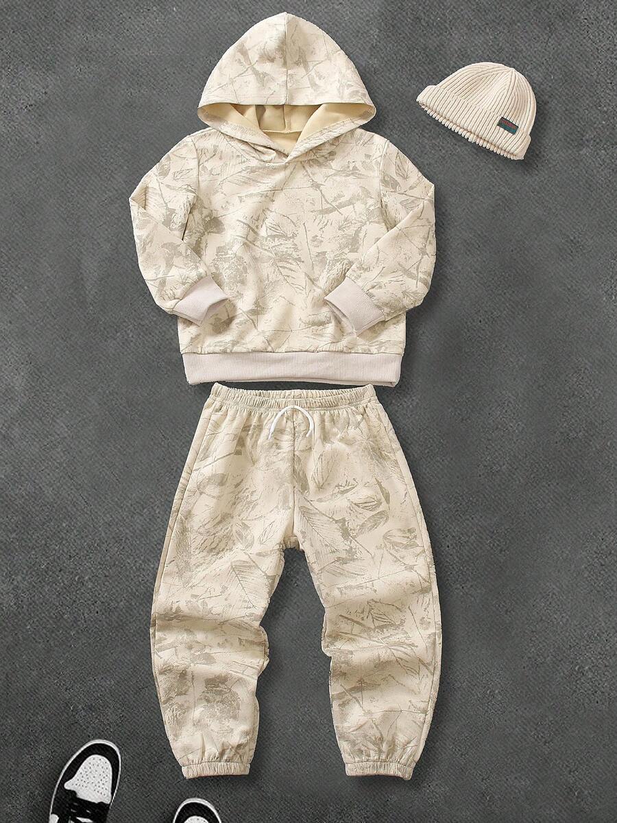 SHEIN Coolqubz 2pcs/Set Young Boy Casual Solid Color Tie-Dye Sweatshirt + Pants, Suitable For Daily, School, Travel, Outdoor Play, Spring Autumn Fall, Back-To-School - Apricot - View 1