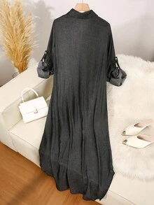 SHEIN LUNE 纯色双排扣卷袖弧形下摆长款连衣裙女装 - 黑色 - 查看 2